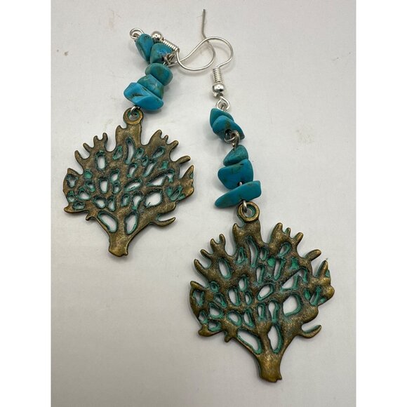Turquoise Colored Coral Reef Drop Earrings With Brass Charms & Hooks - Picture 6 of 7